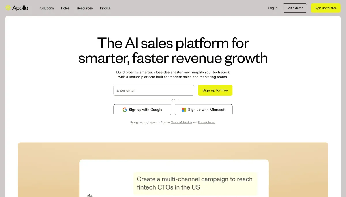 Apollo.io product homepage screenshot.