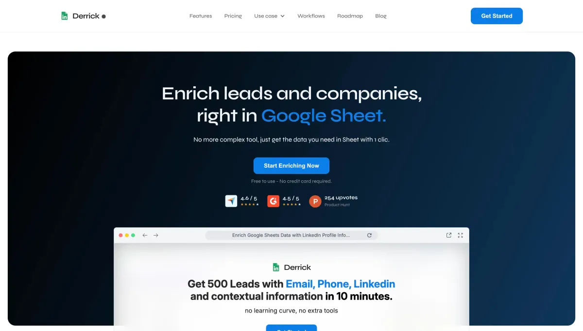 Derrick App product homepage screenshot.