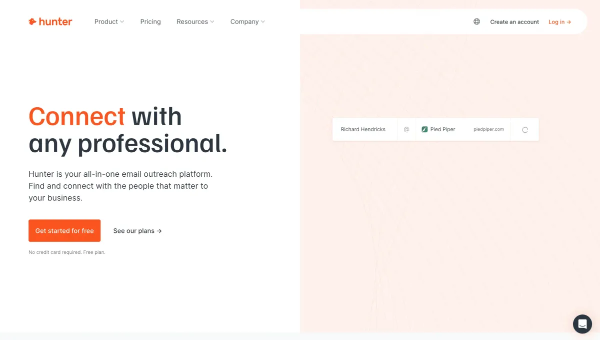 Hunter.io product homepage screenshot.