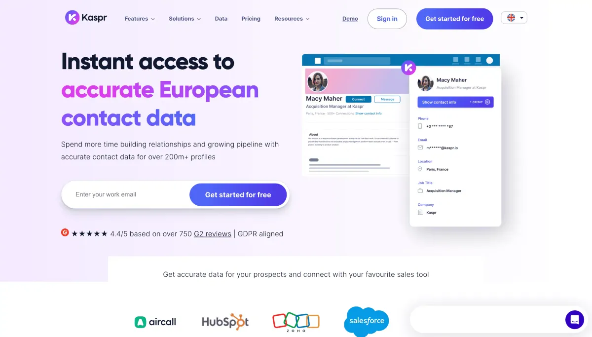 Kaspr product homepage screenshot.
