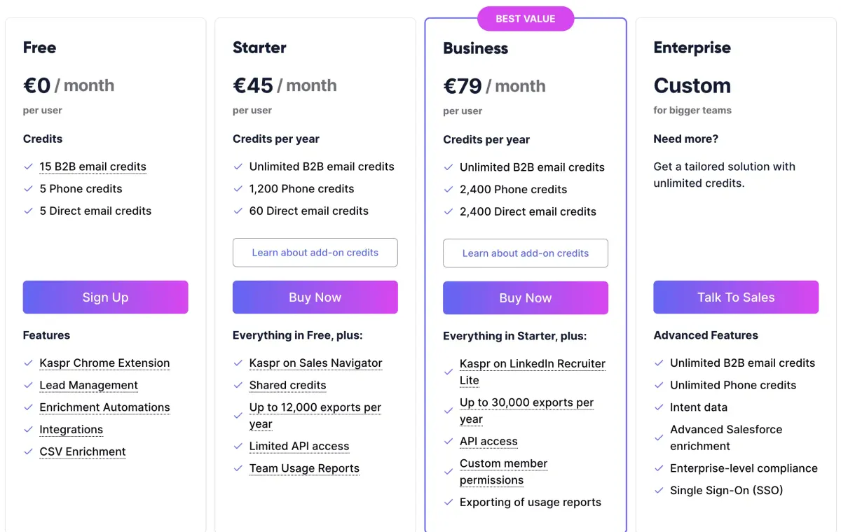 Kaspr pricing plans screenshot.