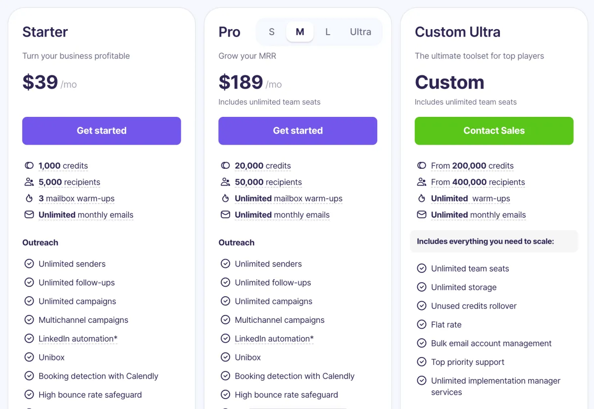 Snov.io pricing plans screenshot.